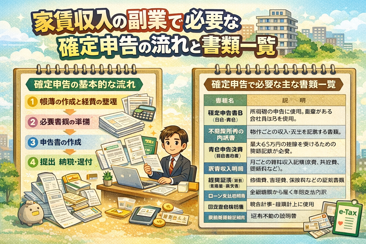 家賃収入を副業にした会社員が確定申告する際の手順や必要書類の一覧をまとめた画像
