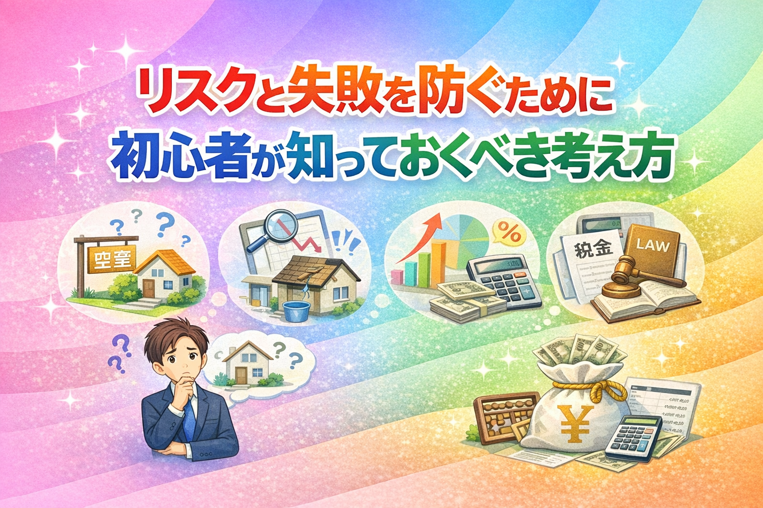 不動産投資における代表的なリスク（空室、修繕費、金利上昇、管理トラブル、税務ミス）と、それに対する具体的な対策方法を一覧でまとめた図解