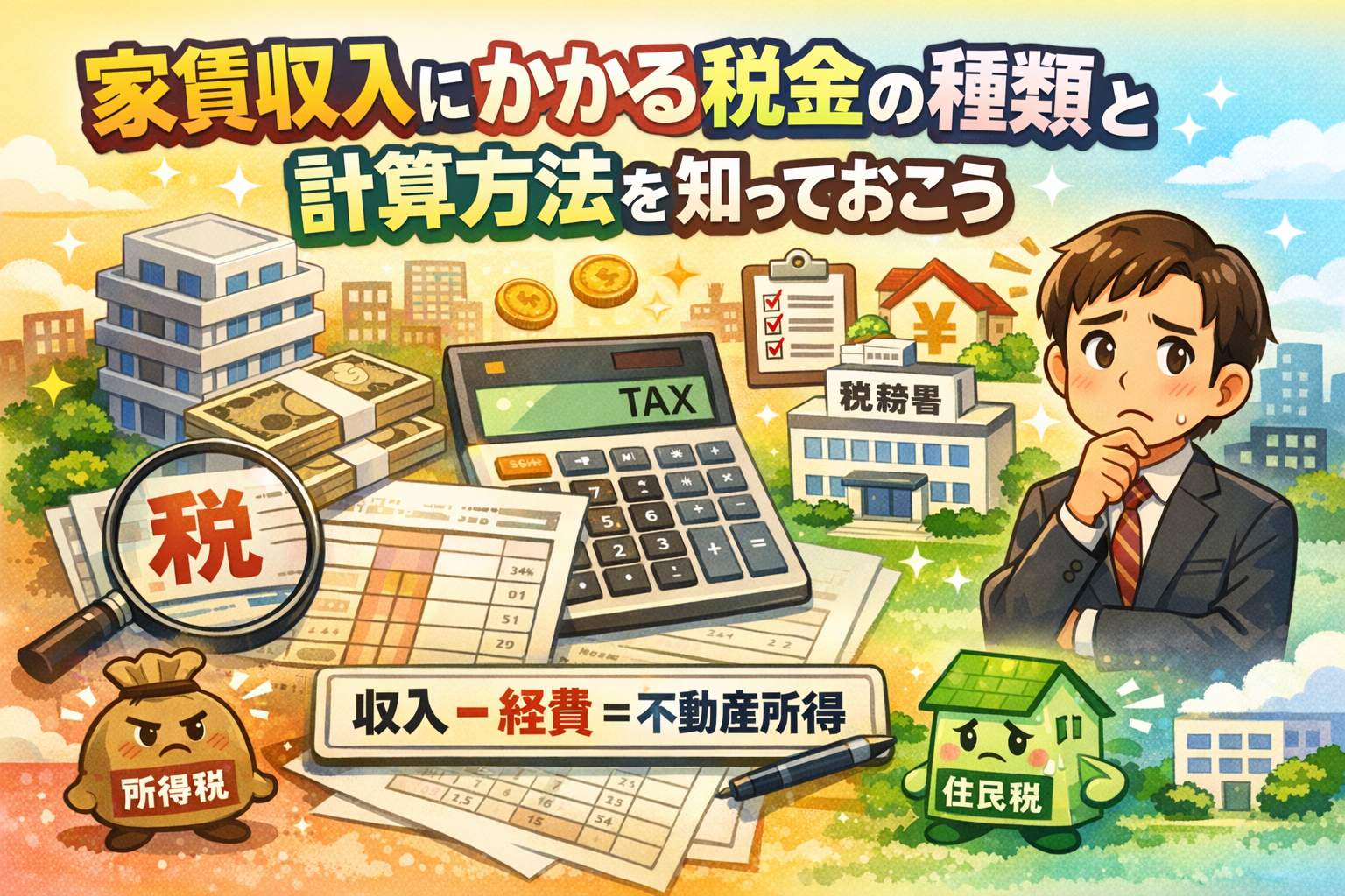 家賃収入を副業とした場合にかかる税金の種類や計算方法、経費の考え方を図解した画像