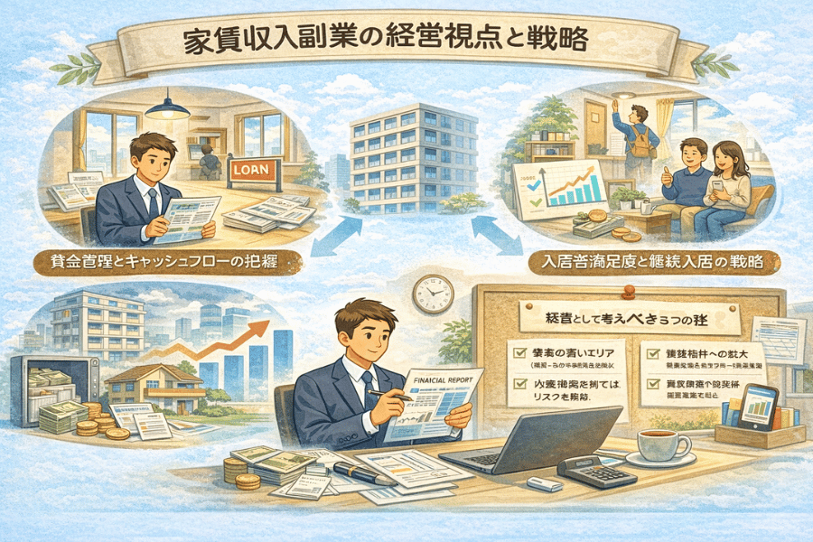 家賃収入を副業から事業として安定運用するための経営視点と中長期的な戦略を解説した画像