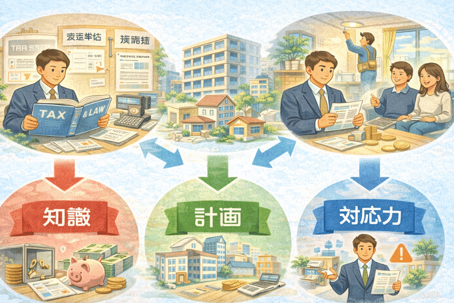 家賃収入の副業を成功させるために必要な知識・計画・対応力の3要素をまとめた画像