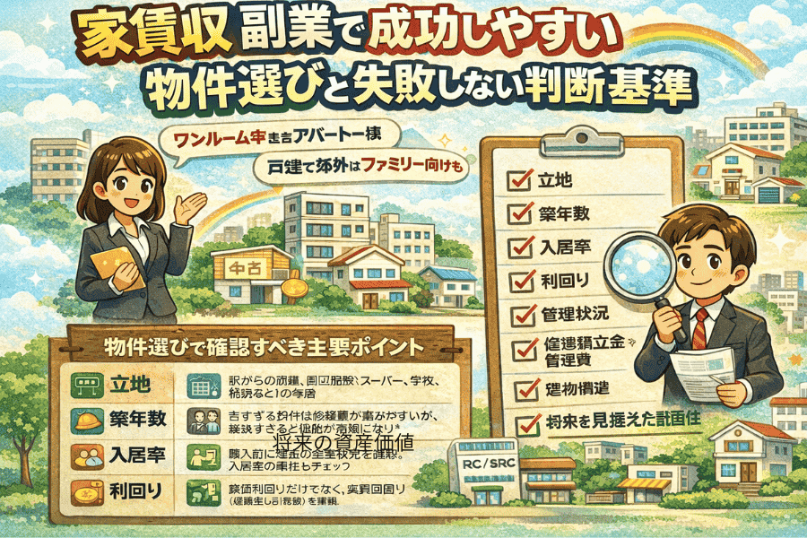家賃収入を副業にする際に成功しやすい物件の選び方と、立地・利回り・管理状況などの判断基準を解説した画像