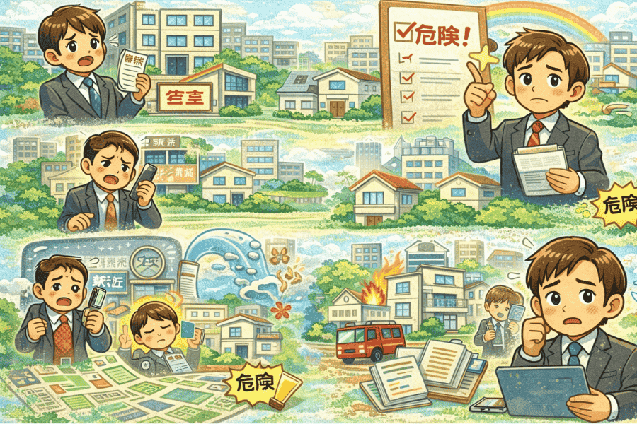 家賃収入を副業にする際に想定される空室や家賃滞納などのリスクと、事前に取れる対策をまとめた画像