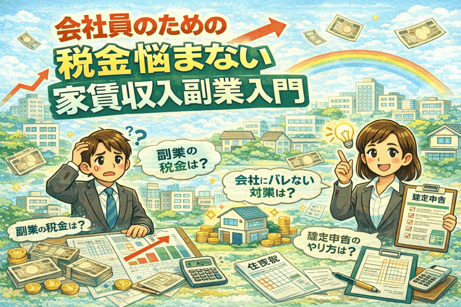 サラリーマンが副業で家賃収入を得る際の税金や手続きの基本を解説した初心者向けのガイド画像