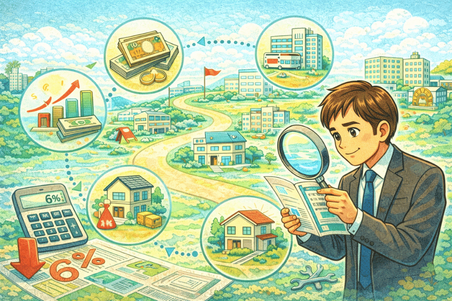 不動産投資初心者が物件選びで失敗しないための立地・利回り・築年数・修繕計画・管理体制のチェックリストを示す図解