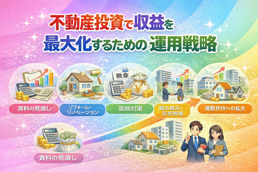 不動産投資で収益性を高めるための運用戦略（家賃の見直し、リフォーム、節税、資産組み換え、複数物件展開）を図解で説明する初心者向け資料