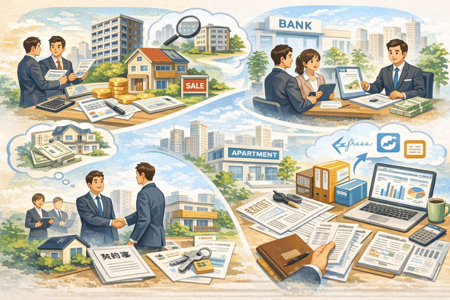 会社員が不動産を使って家賃収入を副業にする際の始め方や税金対策を図解で説明する画像