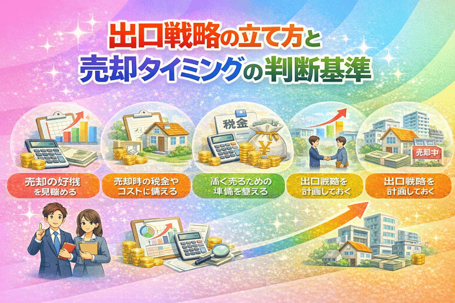 不動産投資における出口戦略と売却のタイミングを解説した図解。築年数、価格上昇、金利動向、入居率など複数の判断軸で売却時期を決定するポイントを説明。