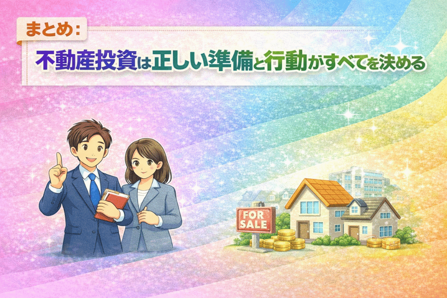 不動産投資の成功ステップをまとめた図。初心者が学んだ知識を行動に変えるための要点を視覚化。