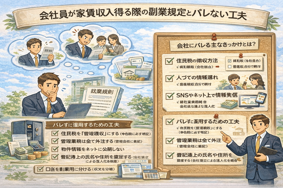会社員が家賃収入を副業にする際の就業規則と会社にバレないための工夫を解説する画像