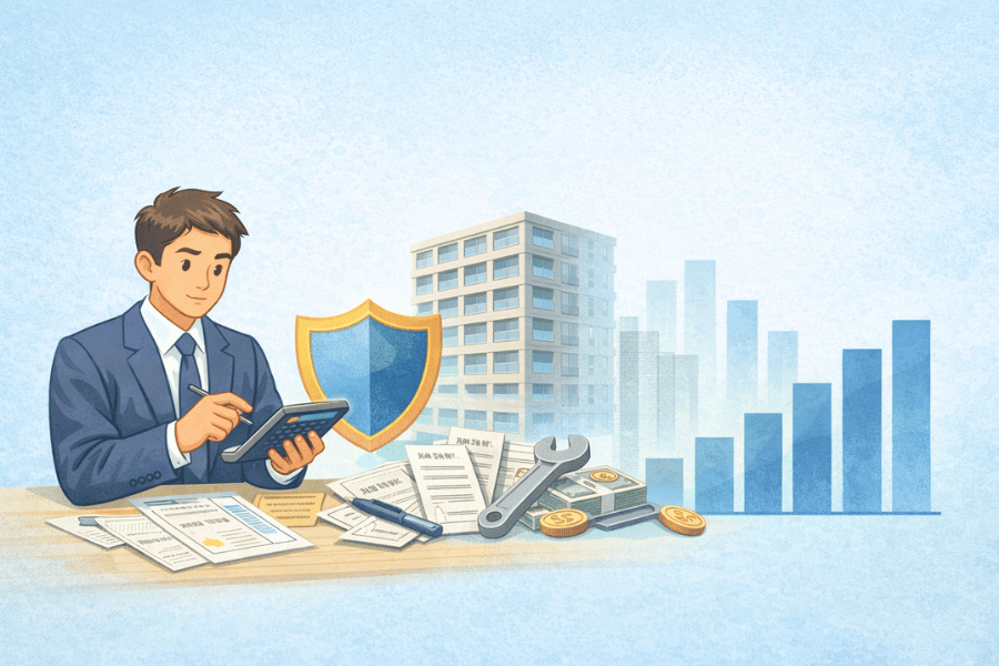 家賃収入を副業にする際に使える経費の種類と減価償却による節税効果を図解で解説した画像