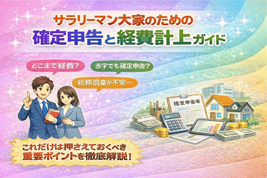 副業で不動産投資を始めたサラリーマン向けに、確定申告と経費の基本から実践までを解説するガイド記事のイメージ画像