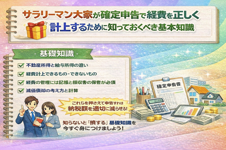 サラリーマン大家が不動産投資において確定申告と経費計上の基本を学ぶための図解イメージ