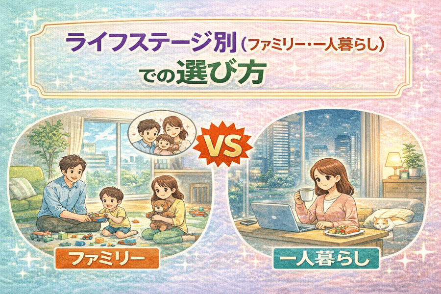 アパートとマンションの違いをライフステージごとに整理し、一人暮らしやファミリー層に合った住まい選びの基準を解説する画像