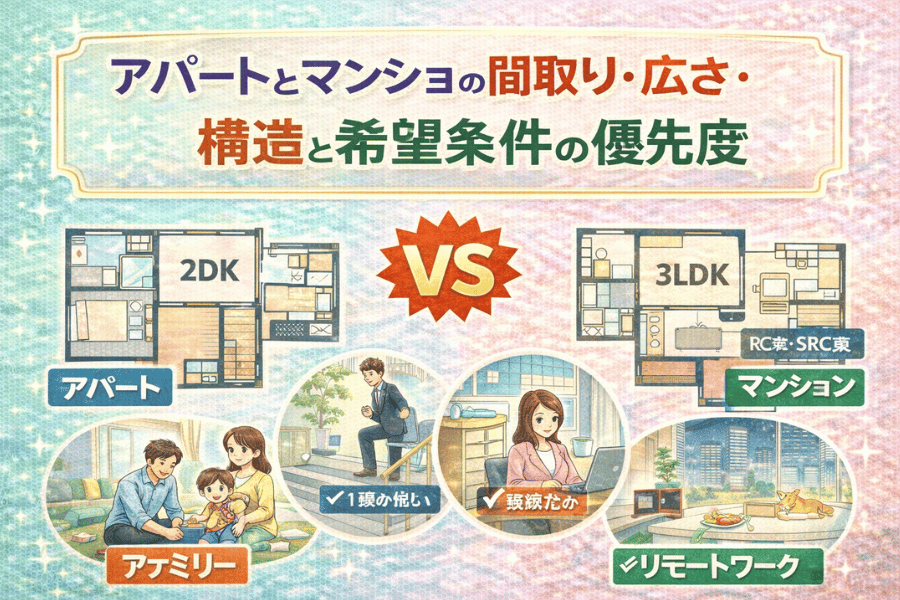 アパートとマンションの間取り・広さ・構造の違いを比較し、ライフスタイルや希望条件に応じた住まい選びのポイントを解説する画像