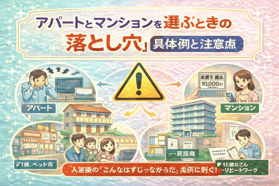 アパートとマンションを選ぶ際に注意すべき落とし穴や失敗例を紹介し、防音性・管理費・契約条件などのチェックポイントを解説する画像