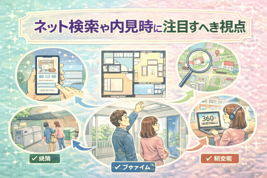 アパートとマンションの内見時に確認すべき建物構造・周辺環境・生活導線のチェックポイントをまとめた図解