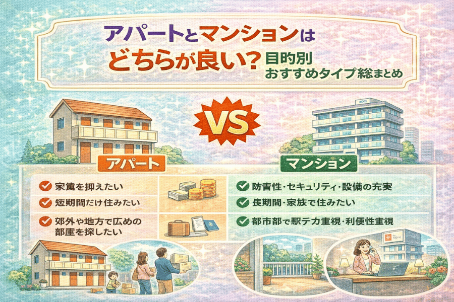 アパートとマンションの違いを目的別に比較した早見表と選び方のポイントをまとめた画像