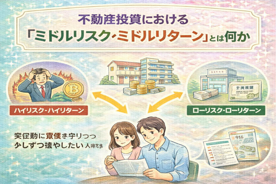 不動産投資におけるミドルリスク・ミドルリターンの概念をわかりやすく図解したイメージ