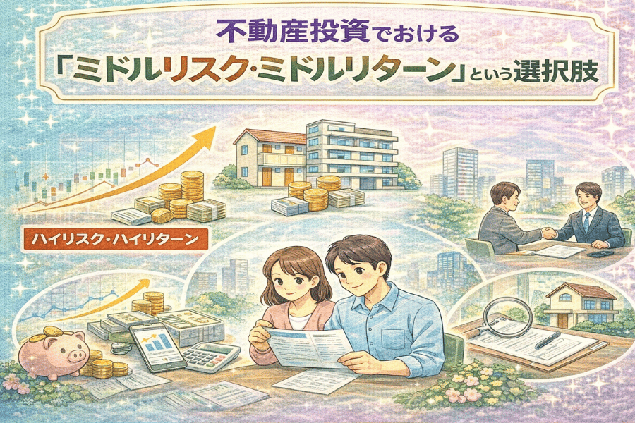 ミドルリスク・ミドルリターン型の不動産投資をイメージしたバランス構図（家賃収入と安定性の図）