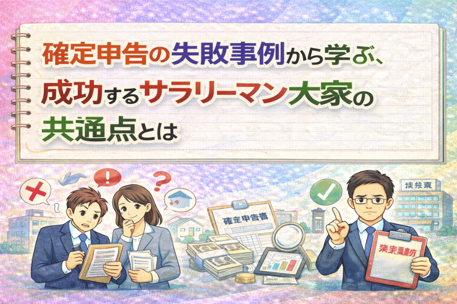 サラリーマン大家が確定申告で陥りやすい失敗事例と、成功している大家に共通する経費処理や税務対応の特徴を解説する画像