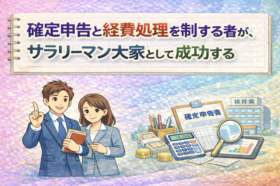 サラリーマン大家が確定申告と経費処理を正しく行うことの重要性と、成功するための実践的な行動指針をまとめた画像