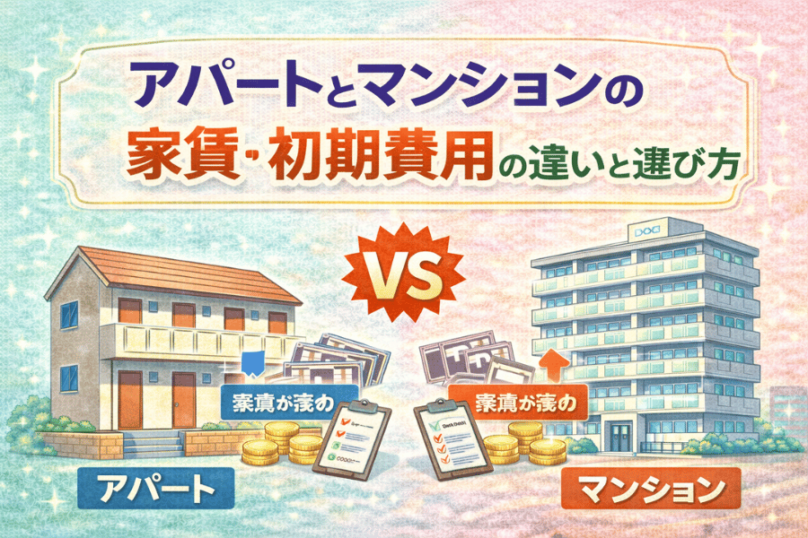 アパートとマンションの家賃や初期費用の違い、設備や構造による価格差、ライフスタイルに合った物件選びの基準を解説する画像