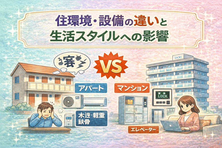 アパートとマンションの住環境や設備の違いが生活スタイルに与える影響を、防音性や利便性などの観点から比較する画像