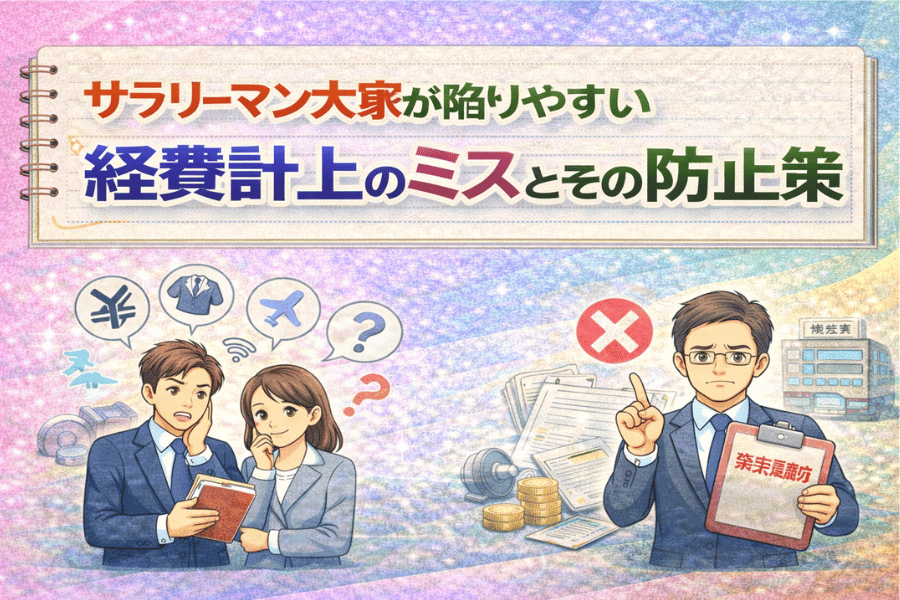 サラリーマン大家が確定申告でやりがちな経費計上のミスと、それを防ぐための具体的な対策を紹介する画像