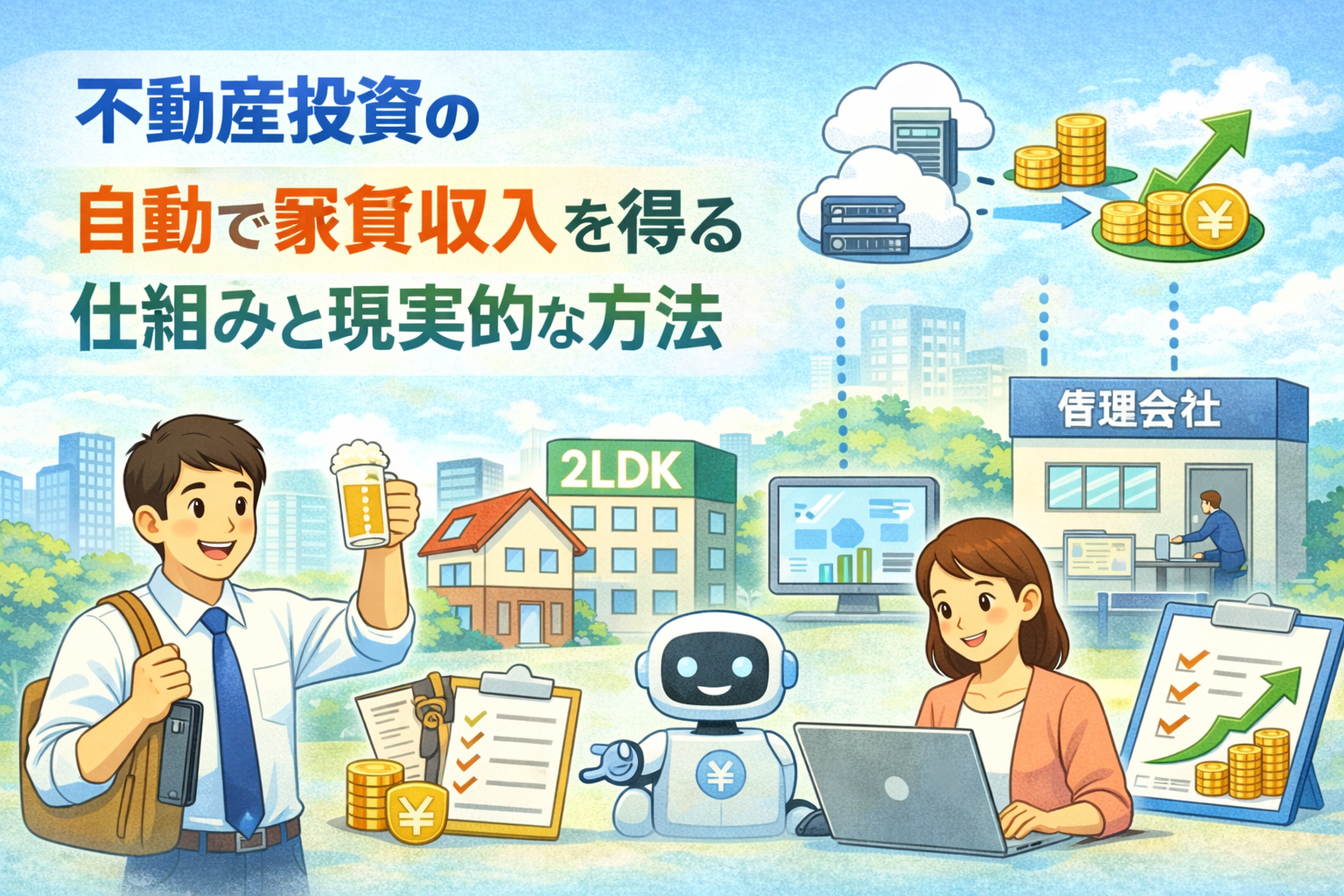 不動産投資で管理会社やシステムを活用し自動的に家賃収入を得る仕組みを示すイメージ画像
