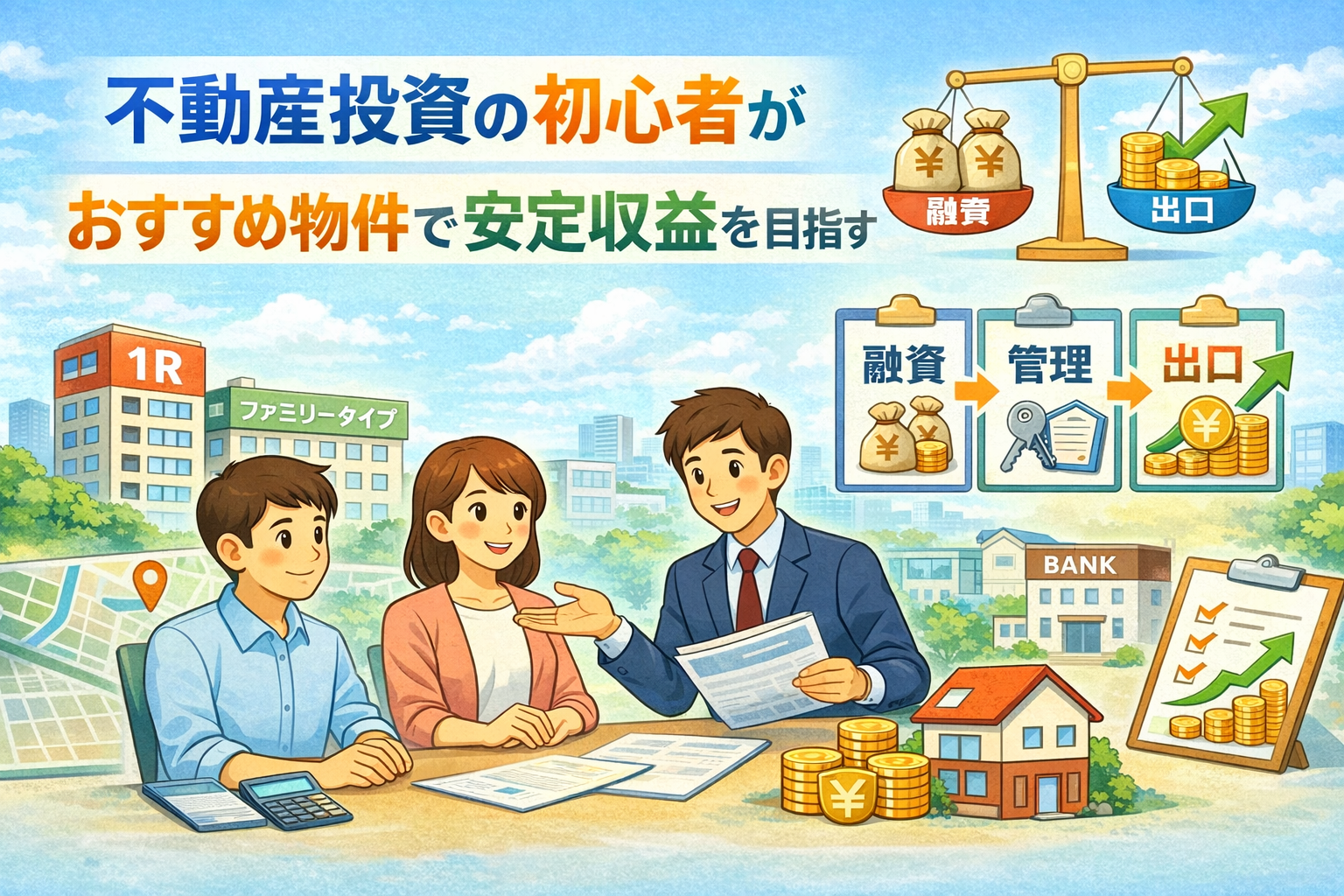 不動産投資初心者が物件選びから融資・管理・出口戦略までを総合的に検討しているイメージ画像