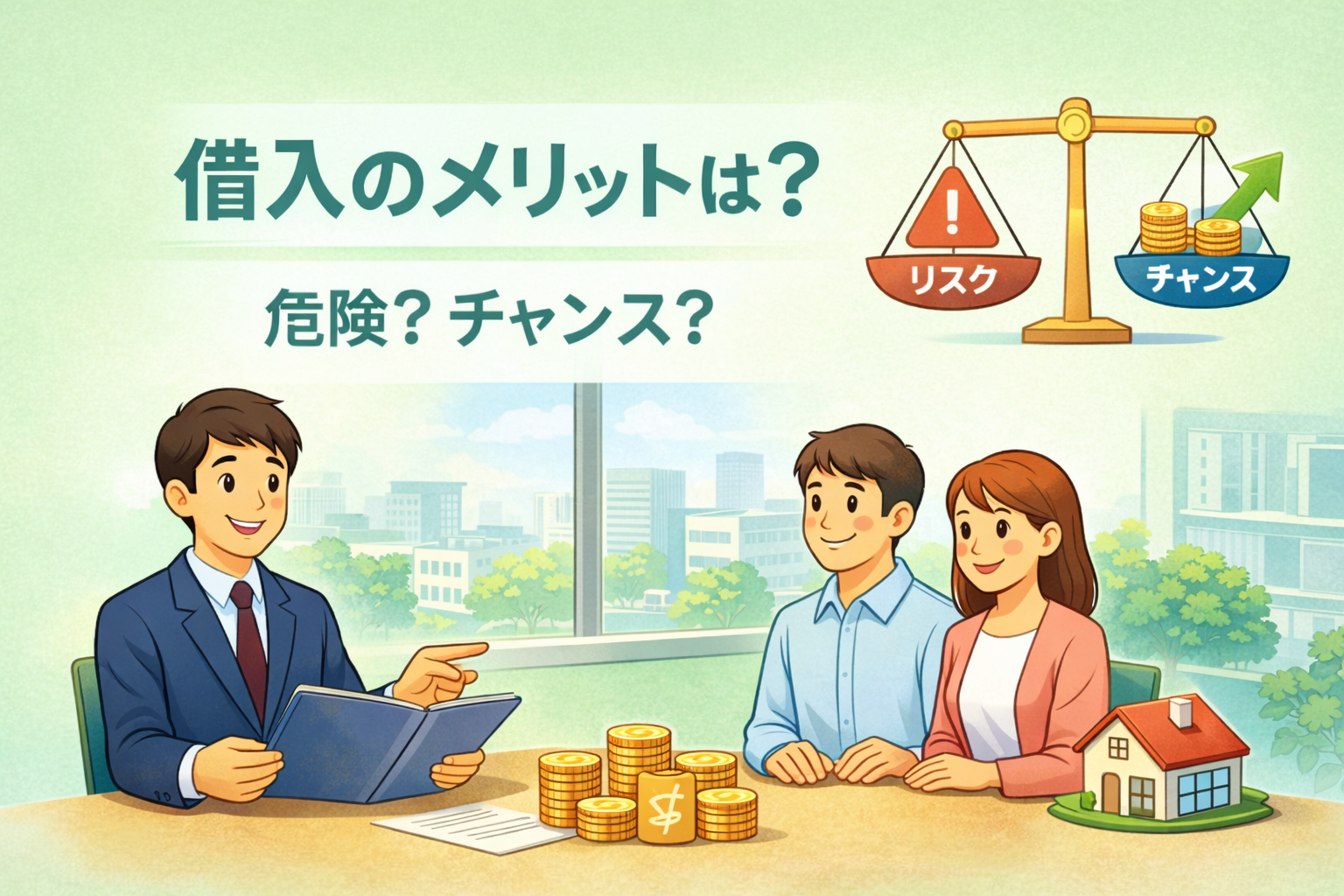 不動産投資で借入を活用するメリットとリスクを天秤で比較しているイメージ画像
