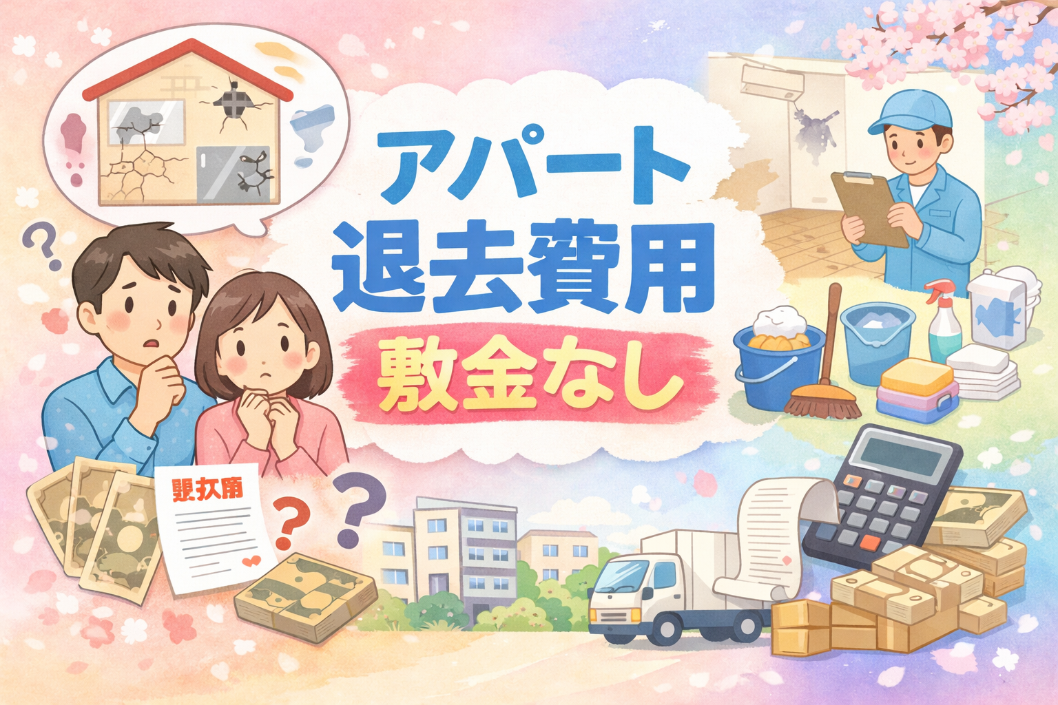 アパートの退去費用で敷金なし物件の場合に発生しやすい費用の内訳や相場、原状回復の負担範囲を解説する画像